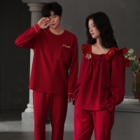 情侣睡衣春秋冬季棉质本命年喜庆结婚红色一男士一女士家居服套装_851_907