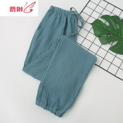 情侣睡裤女薄款日系纯色纱布绉布束脚小脚家居裤长裤男费琳