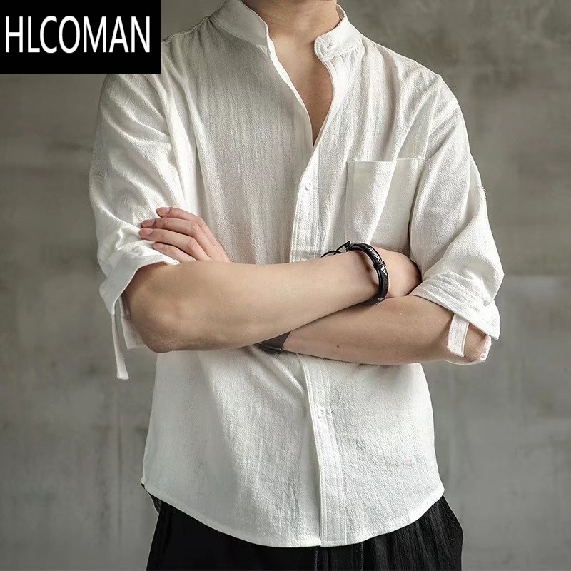 HLCOMAN香港潮牌夏季亚麻七分短袖衬衫男棉麻宽松中国风衬衣休闲长袖T恤