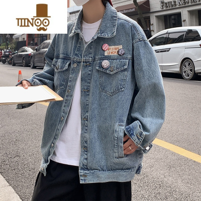 YANXU美式街头徽章牛仔外套男潮牌高街百搭宽松休闲翻领夹克上衣
