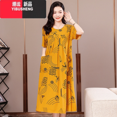 YIBUSHENG新款中老年妈妈装季棉绸连衣裙宽松遮肚加肥加大码女装花色裙子