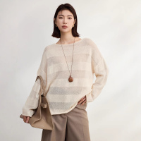 和纸纱一字领镂空针织衫女25新款慵懒条纹长袖空调罩衫春季上衣女