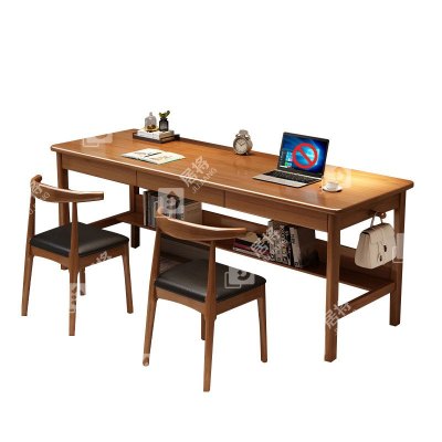居将 JJ4022926 胡桃色实木双人书桌简约电脑桌学习桌1.8米办公桌长条桌含两把牛角椅