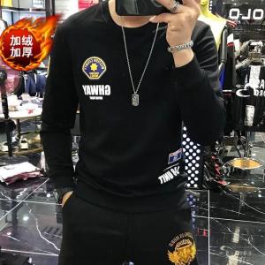 欧洲站2024男士冬季新款加绒加厚打底衫长袖体恤男休闲卫衣男上衣