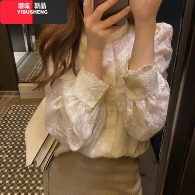 YIBUSHENG雪纺蕾丝衬衫女内搭法式打底衫网红新款小衫设计感小众泡泡袖上衣蕾丝衫