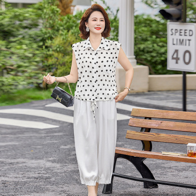夏季新款妈妈装40-60岁无袖雪纺中老年女士休闲套装洋气中年夏装