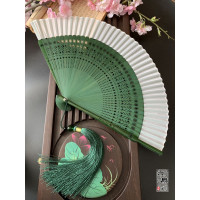 中国风复古风日式折叠扇女式竹柄刻折扇子绿色纯色小竹汉服 三维工匠 绿色配大珠流苏绿
