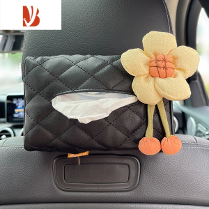 三维工匠车载纸巾盒挂式创意可爱汽车内用椅背抽纸盒女车上扶手箱餐巾纸袋 奶白太阳花-菱形黑色纸巾盒