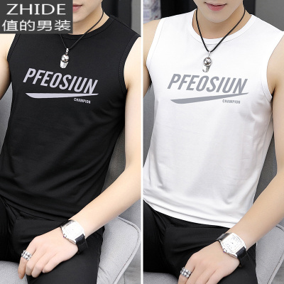 SUNTEK莫代尔黑背心男士无袖t恤修身潮流夏季男装篮球运动印花冰丝坎肩马甲/背心