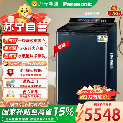 松下(Panasonic)XQB120-U166波轮洗衣机大容量全自动家用直驱变频 悬浮全景智彩屏