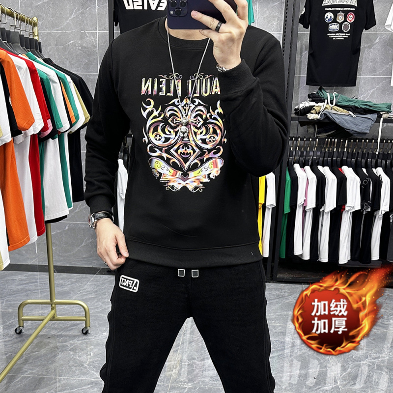 欧洲站加绒重工圆领卫衣男士套头长袖体恤打底衫上衣时尚烫钻潮流