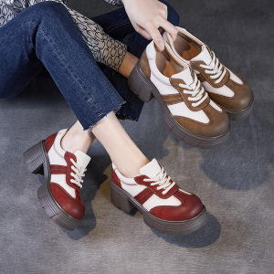 厚底复古拼色休闲单鞋女款头层牛皮圆头系带低帮高跟单鞋