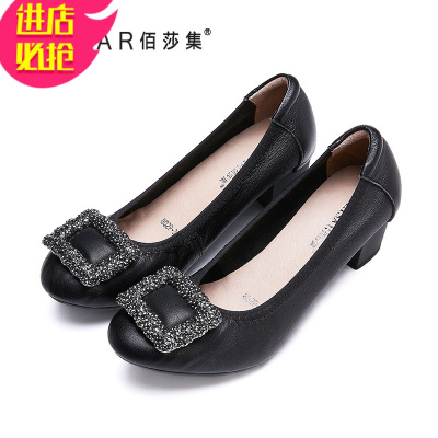 金三志春季粗跟女鞋舒适一体跟软底瓢鞋方扣水钻单鞋圆头浅口职业皮鞋女休闲鞋