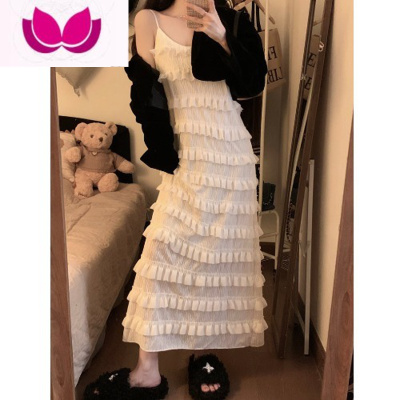 七斓法式木耳边吊带连衣裙女春装新款白色蛋糕裙宽松直筒长裙裙子套装 吊带裙 均码