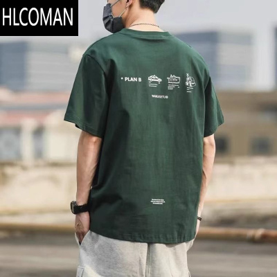 HLCOMAN墨绿色背面印花短袖T恤男士夏季日系复古潮流宽松ins半袖