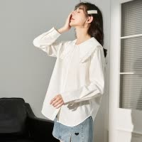 [1.5折价68元]唐狮春季新款白色衬衫女娃娃领设计感小众法式甜美衬衣内搭