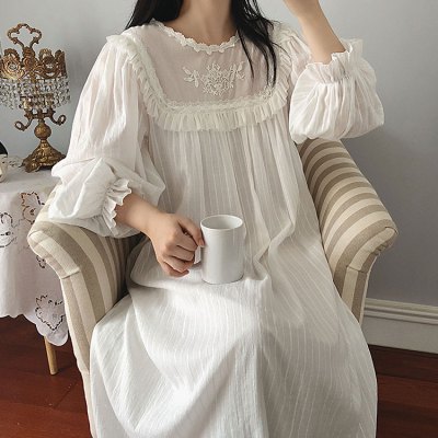 HLCOMAN韩版睡衣女春秋棉纱布公主风长睡裙长袖长裙复古刺绣甜美睡裙女