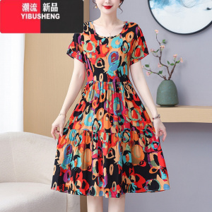 YIBUSHENG品质棉绸连衣裙女季妈妈洋气时尚减龄收腰外穿大摆碎花裙子