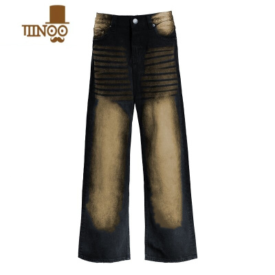 YANXUR0715国潮深蓝水洗做旧长裤男美式复古黄泥色cleanfit直筒牛仔裤