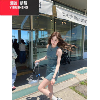 YIBUSHENG美式复古刺绣无袖牛仔连衣裙女季新款气质收腰显瘦包臀背心短裙