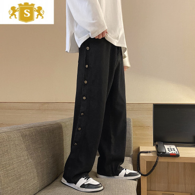 suntek秋冬季黑色牛仔裤男宽松阔腿排扣直筒裤韩版新款潮牌时尚百搭