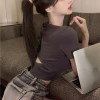 超火短款上衣女夏季性感辣妹风露背打底衫纯色百搭短袖T恤女