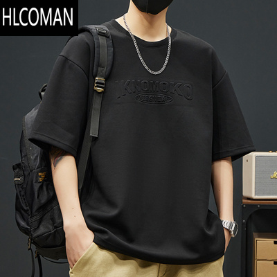 HLCOMAN男士短袖t恤夏季2025新款冰丝半袖男款胖子男装加肥加大码上衣服