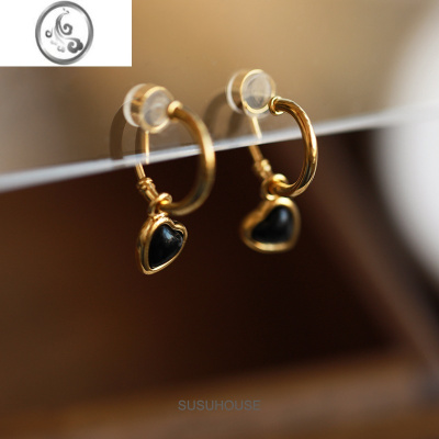 JiMi小巧爱心吊坠无耳洞耳夹女黑色耳环硅胶耳圈复古高级感无痛夹耳式