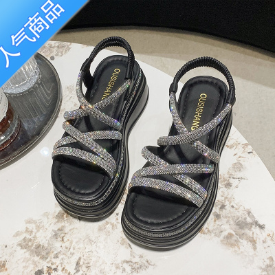 SUNTEK网红超火水钻厚底运动凉鞋女2023夏季新款百搭仙女风配裙子罗马鞋