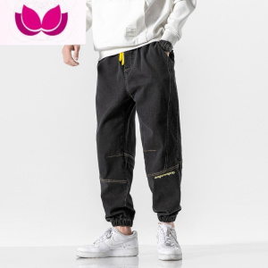 七斓裤子男韩版潮流加肥加大码休闲裤胖子宽松束脚弹力哈伦牛仔裤