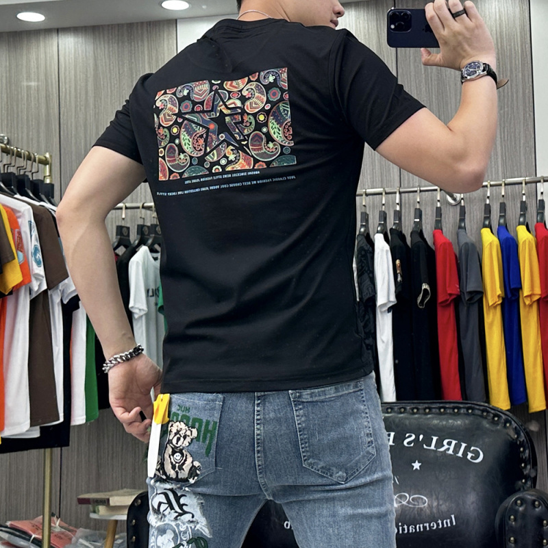 夏季新款时尚短袖T恤男士上衣圆领潮流印花丝光棉半袖衫上衣潮ins