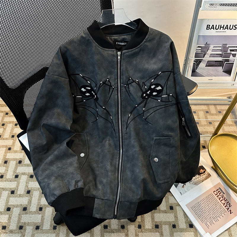 男装春秋新款蜘蛛刺绣pu皮夹克男休闲宽松百搭美式街头棒球服外套