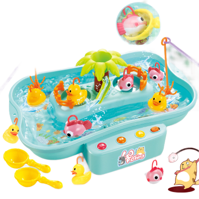 儿童多功能灯光音乐钓鱼台套装电动水循环旋转钓鱼池戏水玩具蓝色（+3鱼+3鸭子+贴纸1）