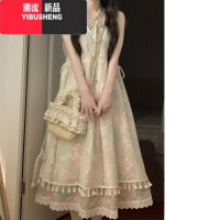 YIBUSHENG2024新款碎花度假风吊带连衣裙+头巾+蕾丝网纱罩衫裙三件套女季