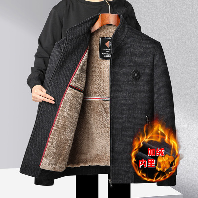 秋冬新款加绒加厚立领中老年羊毛夹克男士毛呢茄克保暖爸爸装外套