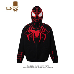 YANXU美式街头蜘蛛刺绣印花开衫卫衣男女秋季2023新款拉链宽松连帽外套