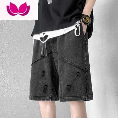 七斓美式篮球破洞休闲短裤男士夏季潮牌中裤高街宽松运动六分五分裤子