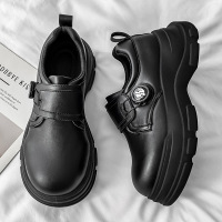 情侣秋季黑色纽扣简约时尚圆头低帮正装工作休闲皮鞋厚底亮面皮鞋