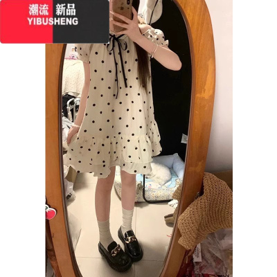 YIBUSHENG法式甜美露肩波点连衣裙女季2024新款小个子气质蓬蓬短裙娃娃裙