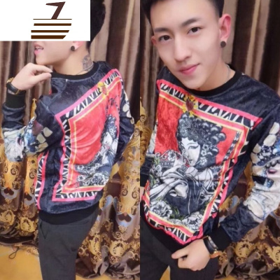 NEWLAKE男加绒长袖精神社会小伙长袖修身卫衣刺绣仙鹤一体领