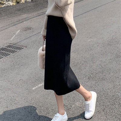 千仙仙-中长款-黑色针织半身裙包臀一步裙女2019秋冬新款长裙毛线裙子