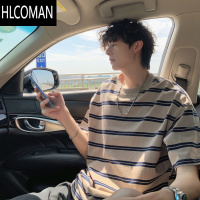 HLCOMAN撞色条纹短袖t恤男夏季日系复古潮流青少年ins百搭圆领休闲五分袖