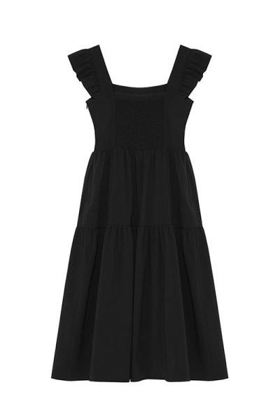 黑色小飞袖a字连衣裙女夏季新款收腰显瘦气质赫本风方领小黑裙子