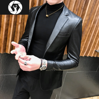 HongZun皮衣男士外套2021春季新款韩版潮流修身皮西装西服帅气休闲皮夹克皮衣