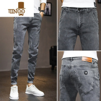 YANXU夏季牛仔裤男士夏天薄款修身小脚弹力潮牌黑灰色休闲长裤子男