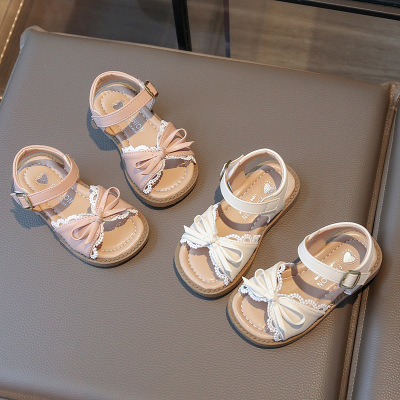 女童可爱蕾丝蝴蝶结公主凉鞋2025韩版夏季新款小女孩软底沙滩鞋潮