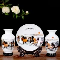 景德镇陶瓷三件套花瓶家居客厅干花插花摆件现代简约台面装饰品 三维工匠 富江春韵