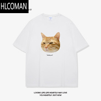 HLCOMAN橘猫眯眼创意设计感短袖t恤男黑色宽松夏季薄款半袖