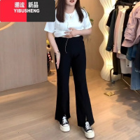 YIBUSHENG大码高级垂感微喇叭裤早秋新款胖mm高腰显瘦阔腿裤宽松开叉长裤子