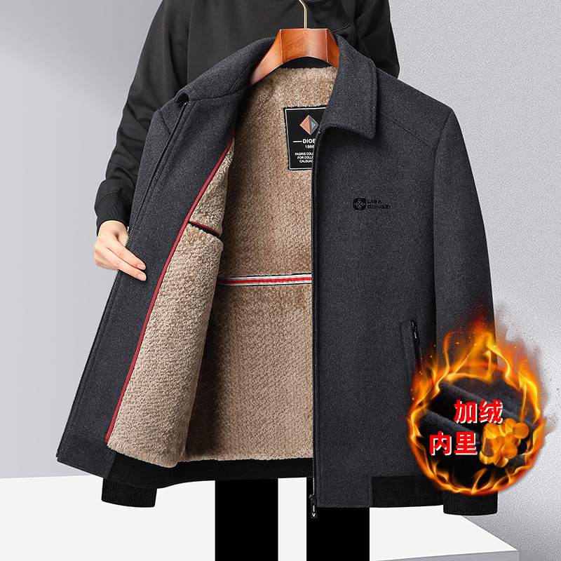 秋冬新款加绒加厚翻领中老年羊毛夹克男士毛呢茄克保暖爸爸装外套